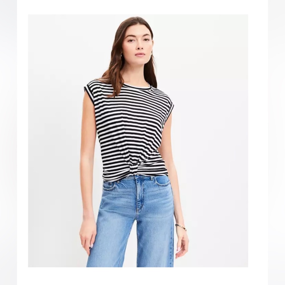 LOFT Black & White Striped Knotted Crop Top - Size L
